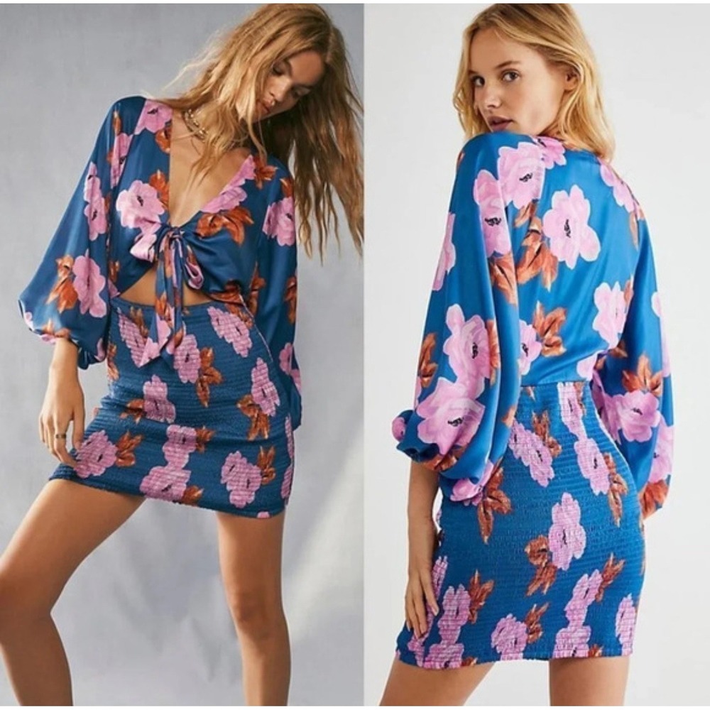 Free People Cassie Women Mini Dress Size XL  Floral V Neck Long Sleeve New Retro